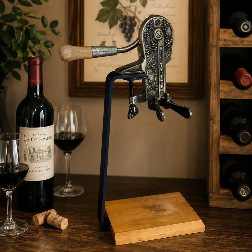 Rogar Estate Wine Bottle Opener Corkscrew Grape Motif Wood Stand 23